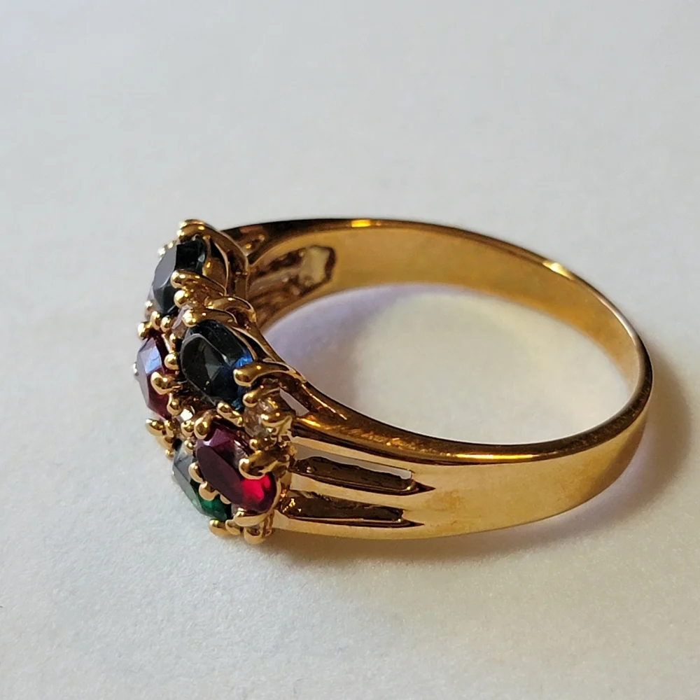 Multi-gem Gold Tone Cocktail Ring Faux Emerald Sapphire Ruby and Diamond Vintage